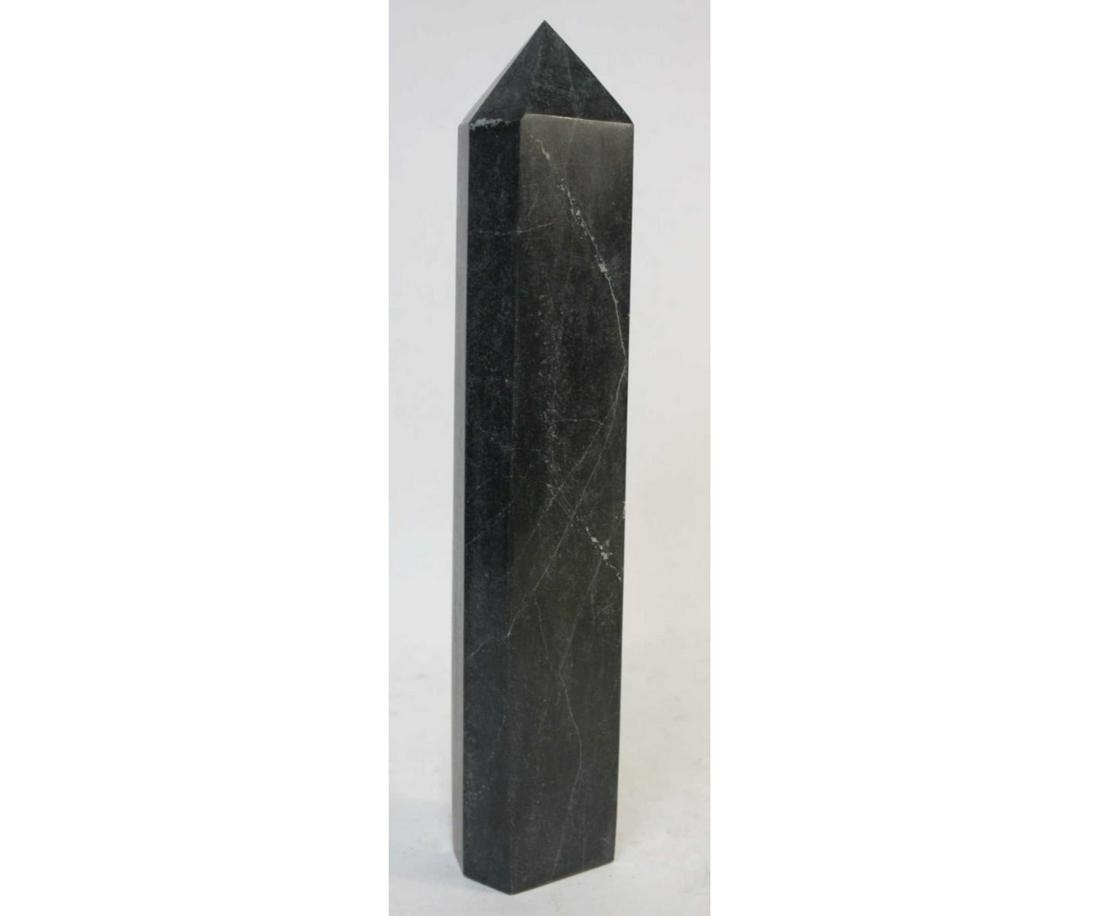 BLACK TOURMALINE & QUARTZ OBELISK: BLACK TOURMALINE & QUARTZ OBELISK- (P17) 13.8 LB Height: 16.5 in. by Width: 3 in. by Depth: 2.5 in.