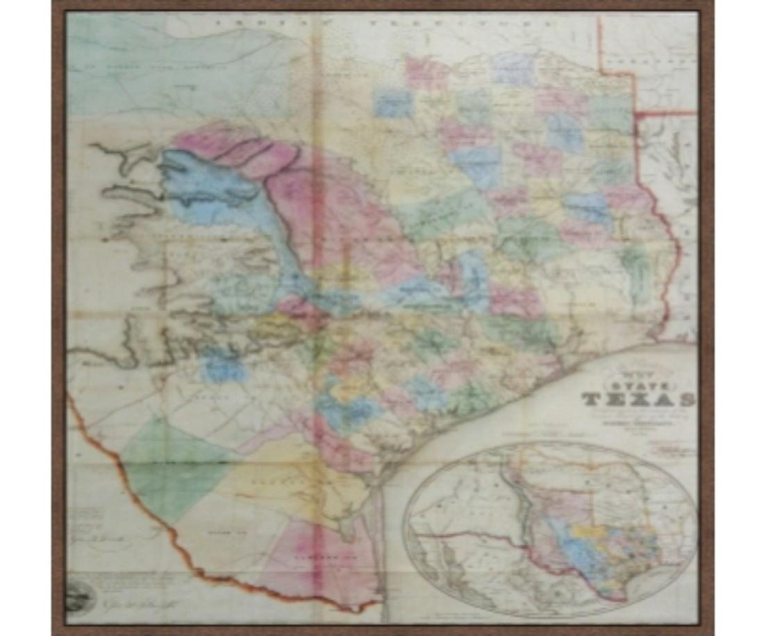 FRAMED 1849 MAP OF TEXAS MAP: FRAMED 1849 MAP OF TEXAS MAP. Height: 47 in. by Width: 49 in.
