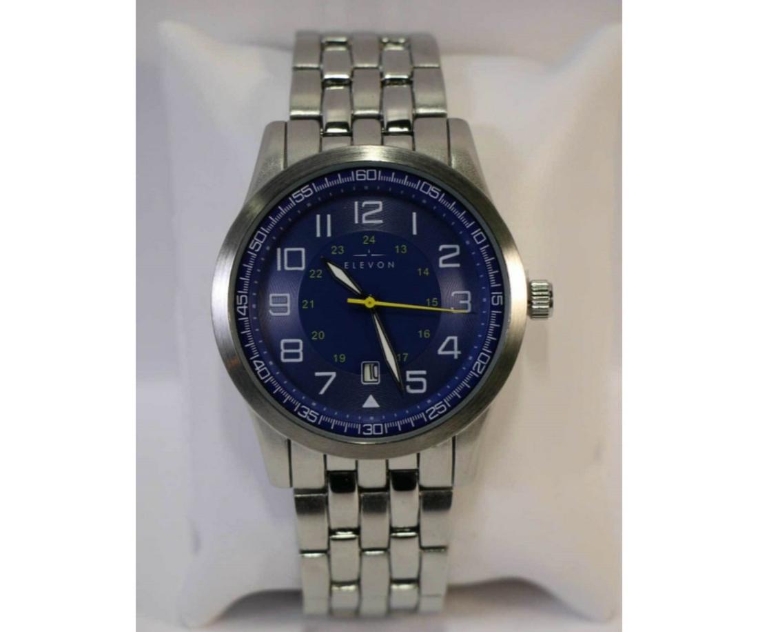 NEW ELEVON GARRISON 42MM QUARTZ DATE BLUE WATCH: NEW IN BOX - ELEVON GARRISON 42MM QUARTZ BRACELET WATCH W/DATE - SILVER/BLUE - FULL KIT CASE SIZE : 42MM. DISPLAY COLOR : BLUE. WATER RESISTANT : 5 ATM/50 MTS.