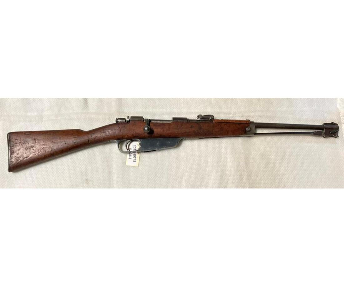 R.E. TERNI M1891 CALVARY CARBINE CARCANO 6.5X52mm: USED R.E. TERNI ITALIAN M1891 CALVARY CARBINE CARCANO RIFLE IN ALL ORIGINAL CONFIGURATION, RECEIVER MARKED R.E. TERNI UNDER CROWN, 36-XIV, VARIOUS PROOF MARKS PRESENT, FOLDING BAYONET, AND IN GOOD WAR