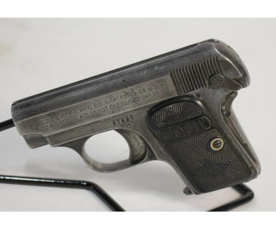 1911 COLT M1908 HAMMERLESS .25ACP PISTOL (USED): USED 1911 COLT M1908 HAMMERLESS AUTOMATIC .25ACP PISTOLCALIBER: .25ACP;SERIAL NUMBER: 57657;USED FIREARM - INCLUDES ONE MAG(L1980)