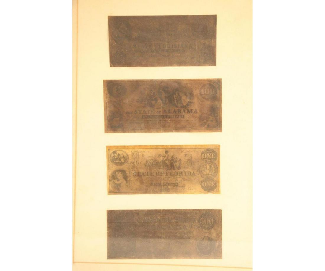 FRAMED ANTIQUE MONEY FROM DIFFERENT STATES: FRAMED ANTIQUE MONEY FROM DIFFERENT STATES - ALABAMA $100 BILL, FLORIDA $1 BILL, LOUISIANA $100 BILL Height: 21 in. by Width: 15 in.