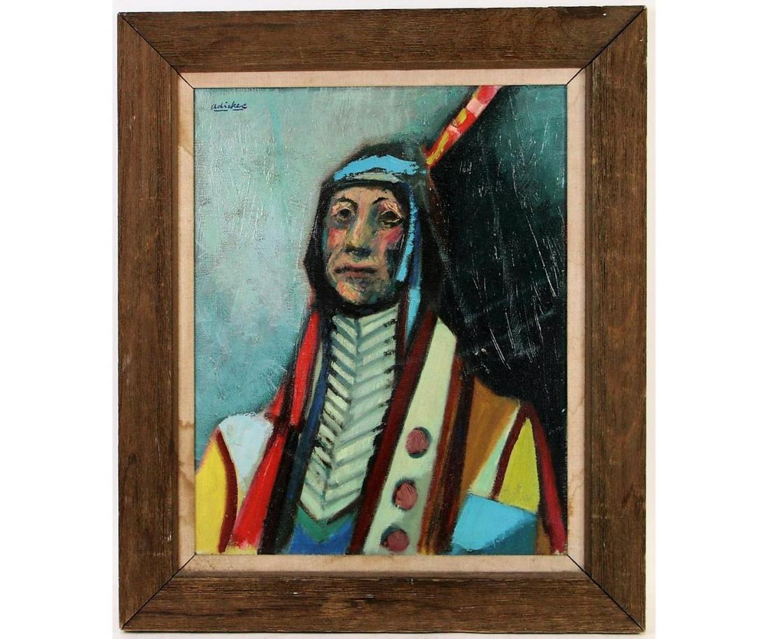 DAVID ADICKES "THE OLD CHIEF" ACRYLIC ON PANEL: DAVID ADICKES "THE OLD CHIEF" ACRYLIC ON PANEL PAINTING. Height: 26 in. by Width: 22 in.