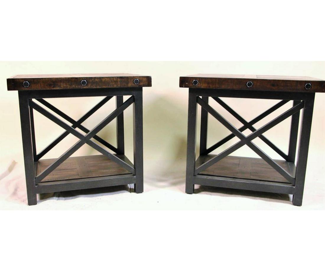 PAIR OF RUSTIC METAL AND WOOD END TABLES: PAIR OF RUSTIC METAL AND WOOD END TABLES Height: 23 in. by Width: 25 in. by Depth: 21