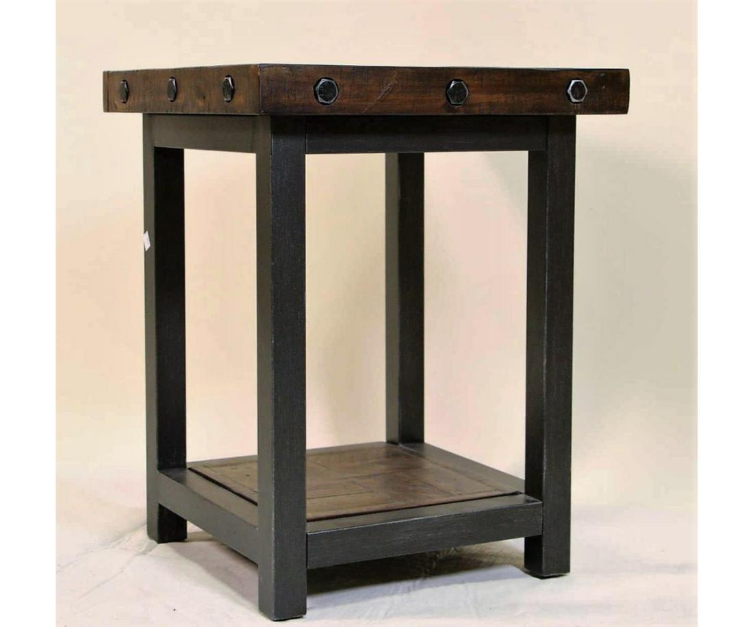 RUSTIC METAL AND WOOD SIDE TABLE: RUSTIC METAL AND WOOD SIDE TABLE Height: 23 in. by Width: 18 in. by Depth: 18