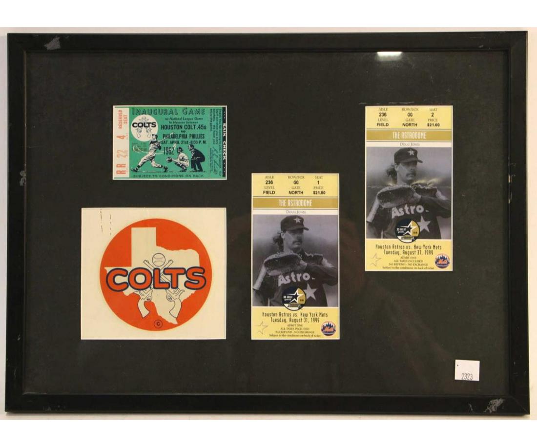 COLT 45'S AND HOUSTON ASTROS FRAMED TICKETS: FRAMED COLT 45'S (INAUGURAL GAME 04/21/1962) AND HOUSTON ASTROS (FINAL SEASON AT ASTRODOME) 08/31/1999 TICKETS. Height: 12.5 in. by Width: 17 in.