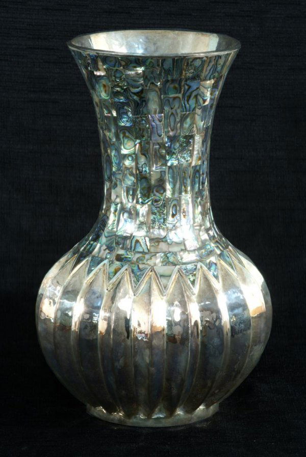 MEXICAN SILVERPLATED VASE WITH ABALONE INLAY: MEXICAN SILVERPLATED VASE WITH ABALONE INLAY. Height: 13 in. by Width: 9 in. by Depth: 9 in.