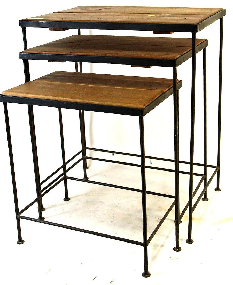 VINTAGE WOOD & METAL THREE PIECE NEST OF TABLES: VINTAGE WOOD & METAL THREE PIECE NEST OF TABLES. Height: 24 in. by Width: 20.5 in. by Depth: 13.5 in