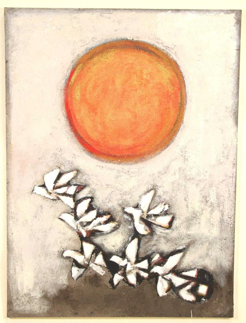 DAVID ADICKES 'SUN & DOVES" ACRYLIC ON CANVAS: DAVID ADICKES 'SUN & DOVES" ACRYLIC ON CANVAS MOUNTED TO PANEL. Height: 56.5 in. by Width: 42 in.