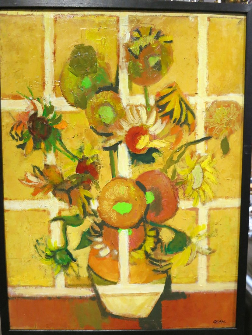 DAVID ADICKES "FLORAL STILL LIFE" OIL ON PLYWOOD: DAVID ADICKES "FLORAL STILL LIFE" OIL ON PLYWOOD, CIRCA 1960's. Height: 40 in. by Width: 30 in.