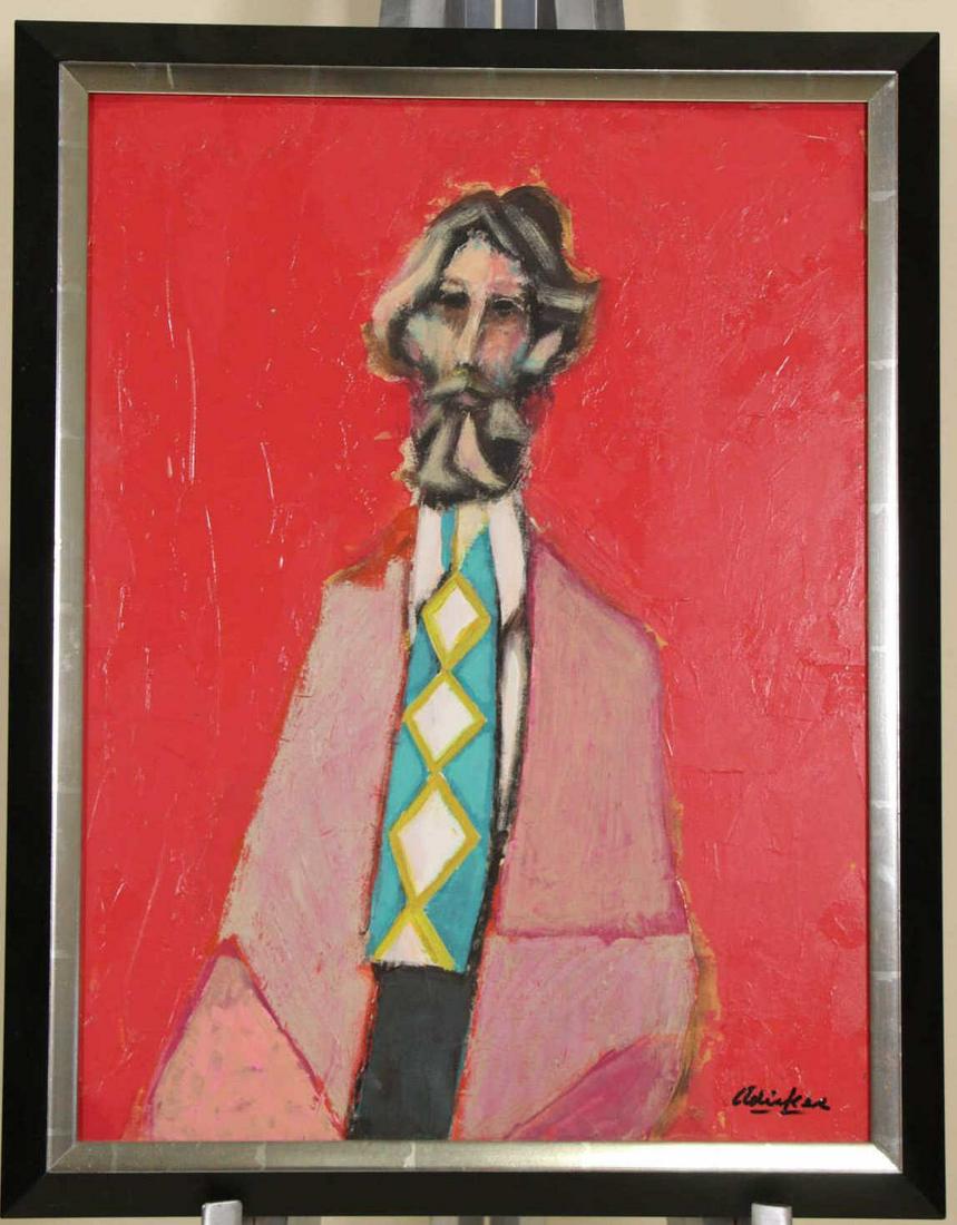 DAVID ADICKES "POET DIAMOND TIE AGAINST RED" ACRY: DAVID ADICKES "POET DIAMOND TIE AGAINST RED" ACRYLIC ON PANEL, 2010. Height: 22 in. by Width: 17 in.