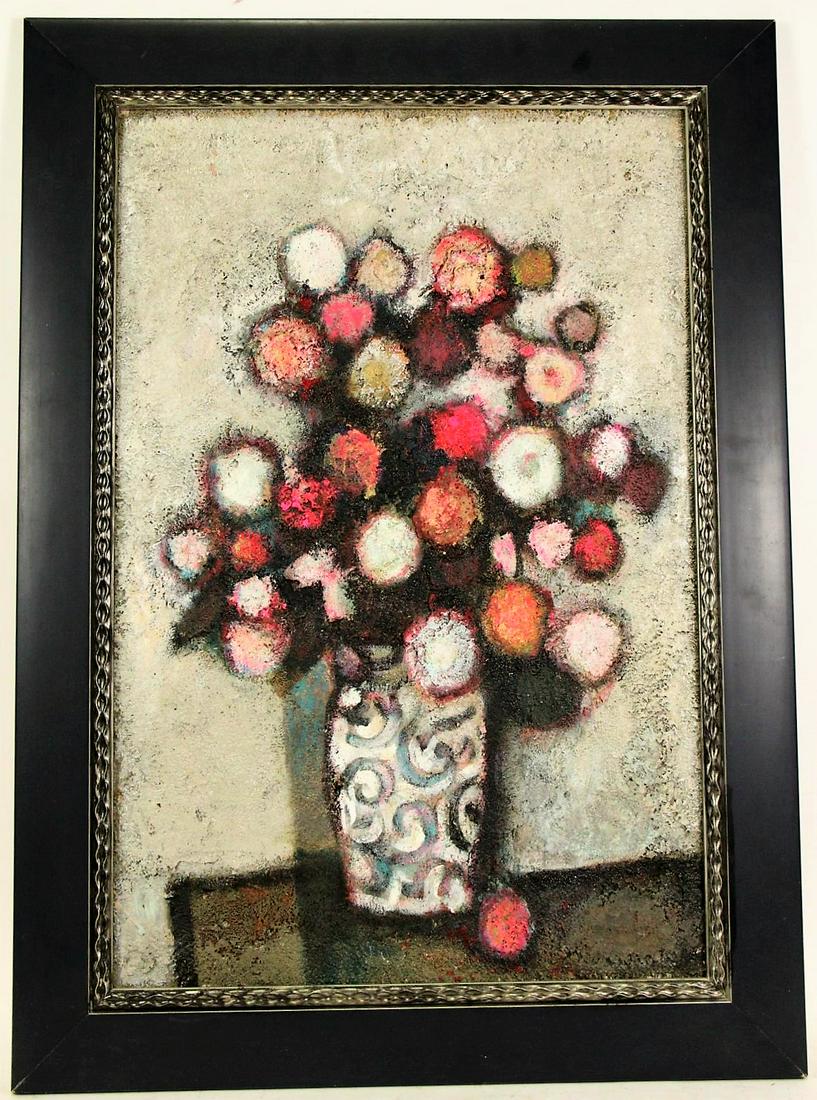 DAVID ADICKES "FLORAL STILL LIFE" ACRYLIC ON CANVA: DAVID ADICKES "FLORAL STILL LIFE" ACRYLIC ON CANVAS LAID ON TO BOARD. Height: 36 in. by Width: 26 in.