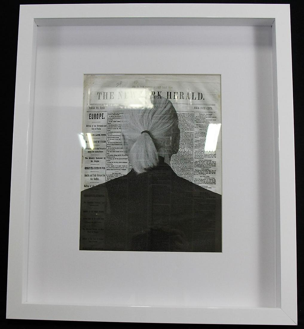 "KARL LAGERFELD" ON NEW YORK HERALD PHOTOLITHO: FRAMED & MATTED "KARL LAGERFELD" ON NEW YORK HERALD PHOTOLITHOGRAPH BY BURNEY IN SHADOWBOX FRAME. Height: 24 in. by Width: 21 in.