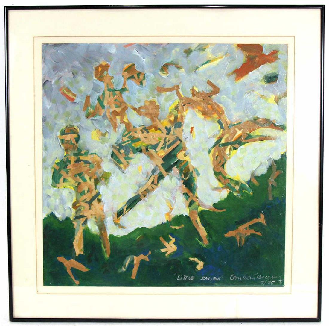 LAURENT BOCCARA "LITTLE SANBA" MIXED MEDIA COLLAGE: LAURENT BOCCARA "LITTLE SANBA" MIXED MEDIA COLLAGE ON PANEL, 7/1985. Height: 24.25 in. by Width: 24 in.