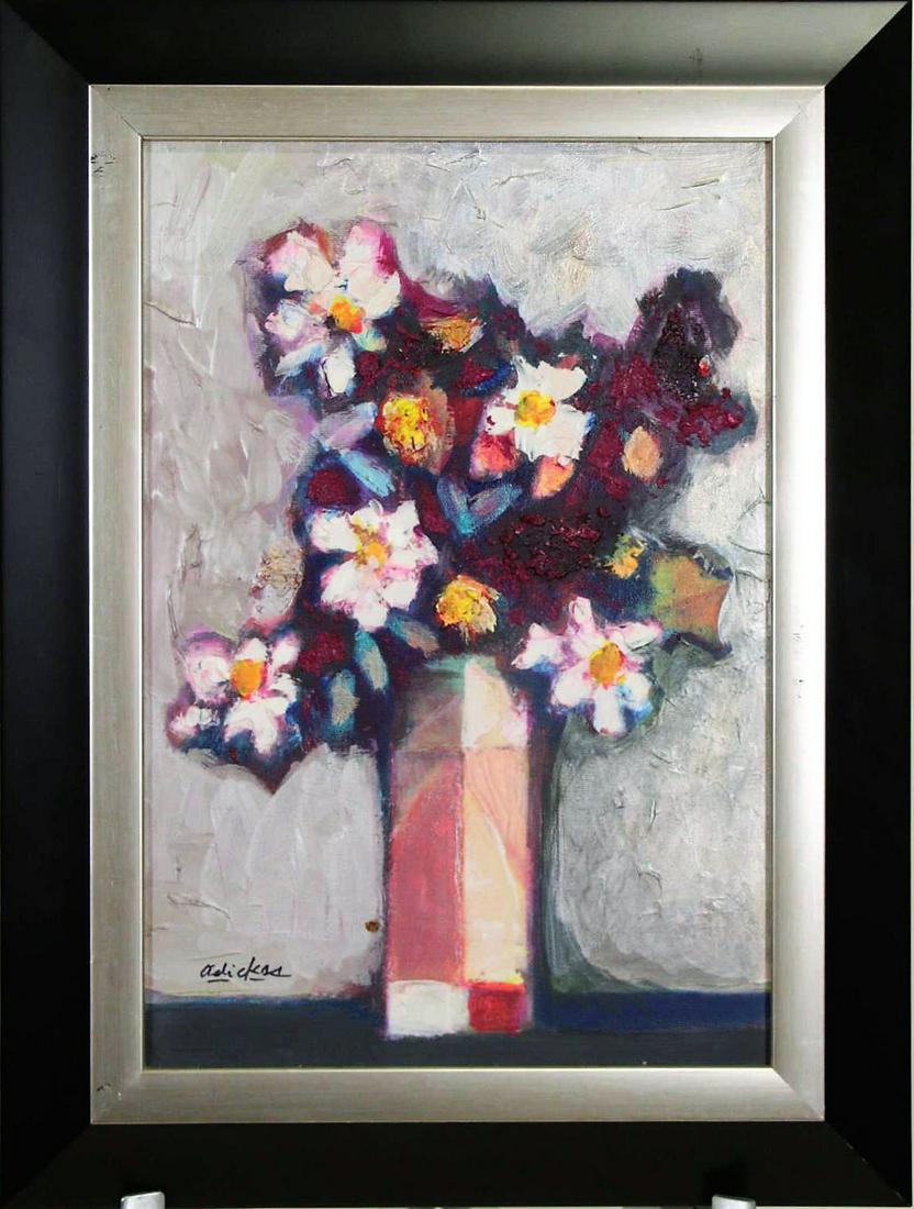 DAVID ADICKES "FLORAL ON SILVER BACKROUND" GICLEE: DAVID ADICKES "FLORAL ON SILVER BACKROUND" ENHANCED GICLEE. Height: 20.5 in. by Width: 15.5 in.