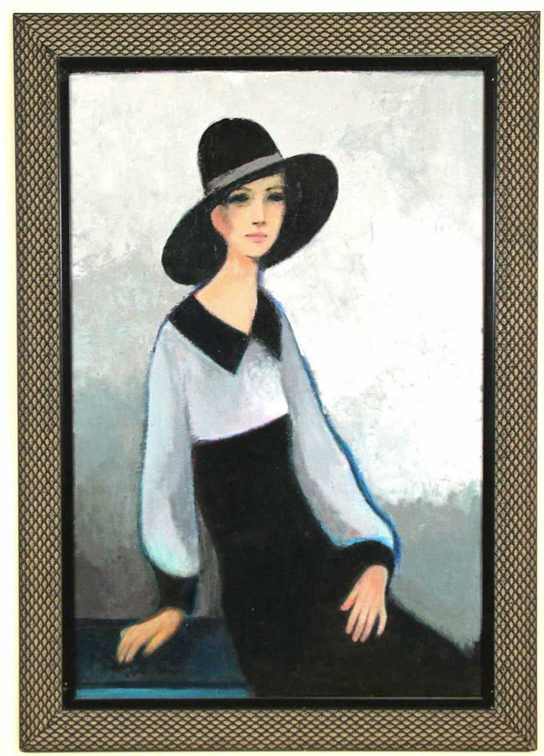 DAVID ADICKES "LADY WITH HAT" ACRYLIC ON PANEL: DAVID ADICKES "LADY WITH BLACK HAT" ACRYLIC ON PANEL, 2005. Height: 48 in. by Width: 33.5 in.