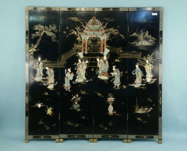CHINESE COROMANDEL SCREEN WITH IVORY FACES: FOUR-PANEL CHINESE COROMANDEL SCREEN WITH IVORY FACES AND CARVED HARD STONE. Height: 72 in. by Width: 72 in. by Depth: 1 1/2 in.