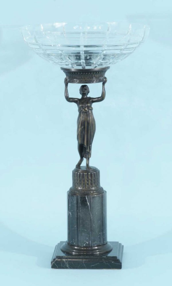 FRENCH ART DECO CUT CRYSTAL BOWL WITH FIGURE: FRENCH ART DECO CUT CRYSTAL BOWL MOUNTED ON BRONZE FEMALE FIGURE WITH BLACK MARBLE BASE. Height: 21 1/2 in. by Width: 12 in. by Depth: 12 in.