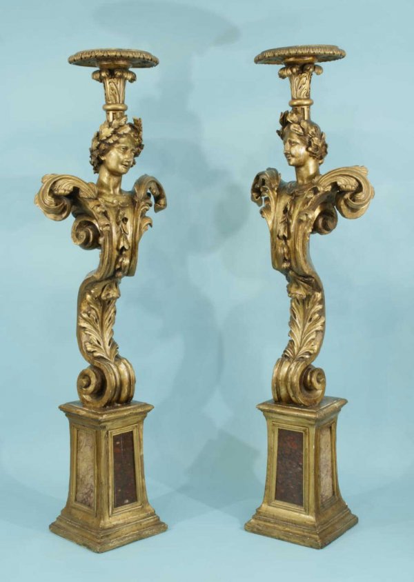 ANTIQUE FRENCH WOOD CARVED AND GILDED TORCHERES