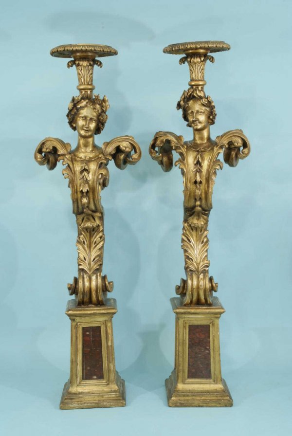 ANTIQUE FRENCH WOOD CARVED AND GILDED TORCHERES - 2