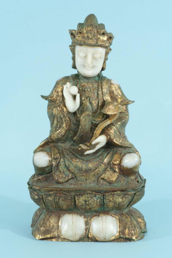 ANTIQUE CARVED JADE MUTTON FAT BUDDHA W/GILT BRONZE: ANTIQUE VERY FINE CARVED JADE MUTTON FAT BUDDHA CLAD OVER WITH GILT BRONZE. Height: 14 in. by Width: 8 in. by Depth: 5 1/2 in. CHINESE IMPERIAL GILT WHITE JADE BUDDHA 16C Age : In the Ming Dynasty sty