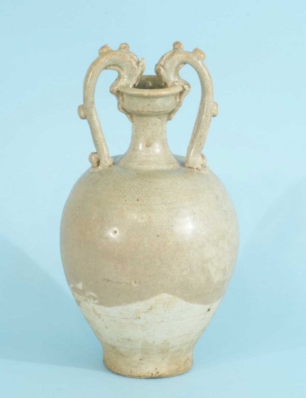 ANTIQUE CHINESE VASE WITH CRACKE GLAZE AND HANDLES: ANTIQUE CHINESE VASE WITH CRACKE GLAZE AND HANDLES. Height: 12 in. by Width: 6 1/2 in. by Depth: 6 1/2 in.