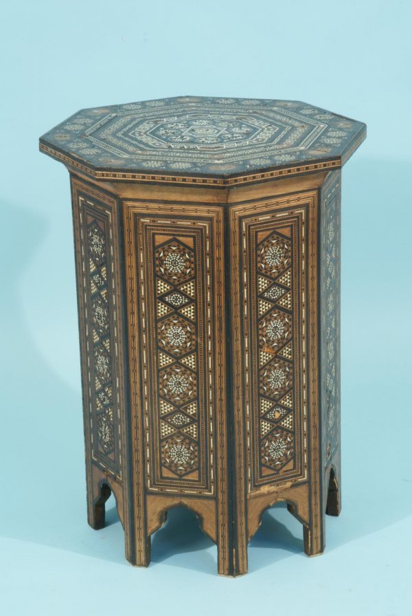 ANTIQUE OCTAGONAL MOROCCAN INLAID SIDE TABLE: ANTIQUE OCTAGONAL MOROCCAN SIDE TABLE INLAID WITH MOTHER OF PEARL. Height: 22 in. by Width: 16 in. by Depth: 16 in.