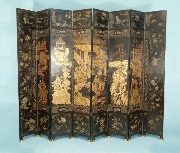 LARGE EIGHT-PANEL CHINESE COROMANDEL SCREEN: LARGE EIGHT-PANEL CHINESE COROMANDEL SCREEN. EACH PANEL IS 15 3/4 INCHES WIDE. Height: 94 in. by Width: 124 in. by Depth: 1 in.