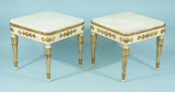 FRENCH STYLE WOOD CARVED & GILDED END TABLES: PAIR OF FRENCH STYLE WOOD CARVED AND GILDED END TABLES WITH MARBLE TOPS. Height: 17 in. by Width: 18 1/2 sq.
