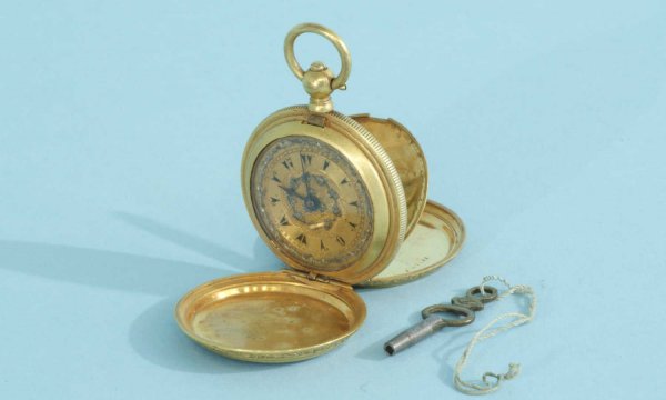ANTIQUE LEROY OF PARIS GILT METAL POCKET WATCH: ANTIQUE LEROY OF PARIS FRENCH GILT METAL TRIPLE CASE WATCH. MID-19th CENTURY. MADE FOR THE TURKISH MARKET. FEATURES ENAMELED TURKISH NUMERALS.