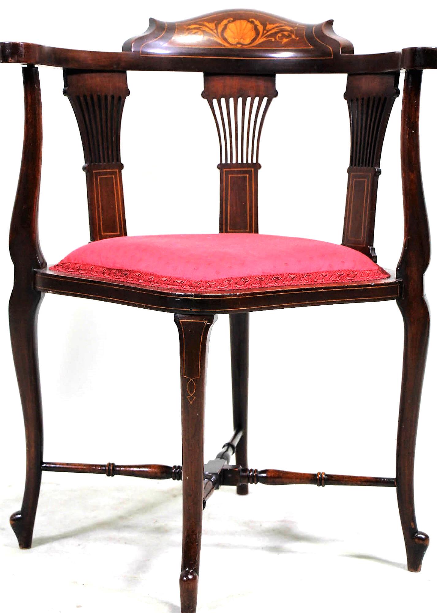 ANTIQUE MAHOGANY INLAID CORNER ARMCHAIR: ANTIQUE MAHOGANY INLAID CORNER ARMCHAIR. Height: 29.5 in. by Width: 22 in. by Depth: 19 in.