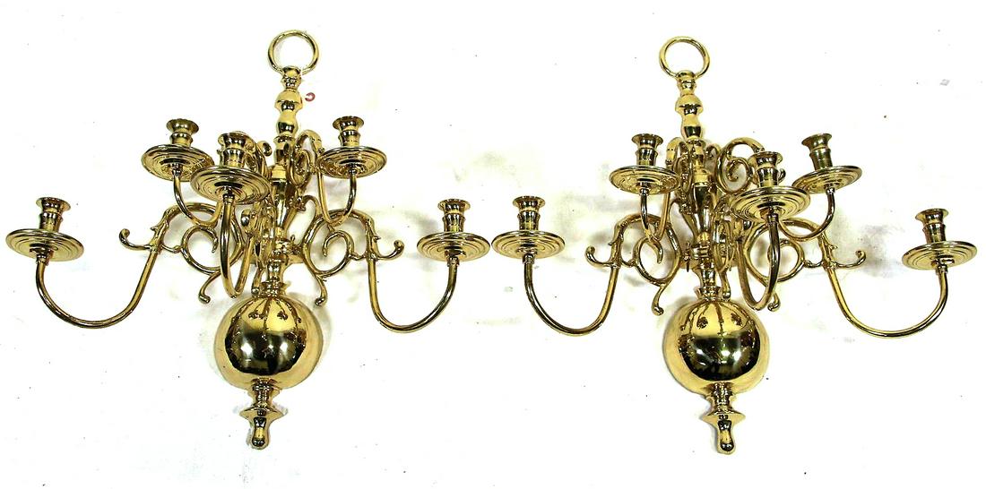 PAIR OF BRASS DUTCH BALL FOUR CANDLE WALL SCONCES: PAIR OF BRASS DUTCH BALL FOUR CANDLE WALL SCONCES. Height: 23 in. by Width: 20 in. by Depth: 14 in.