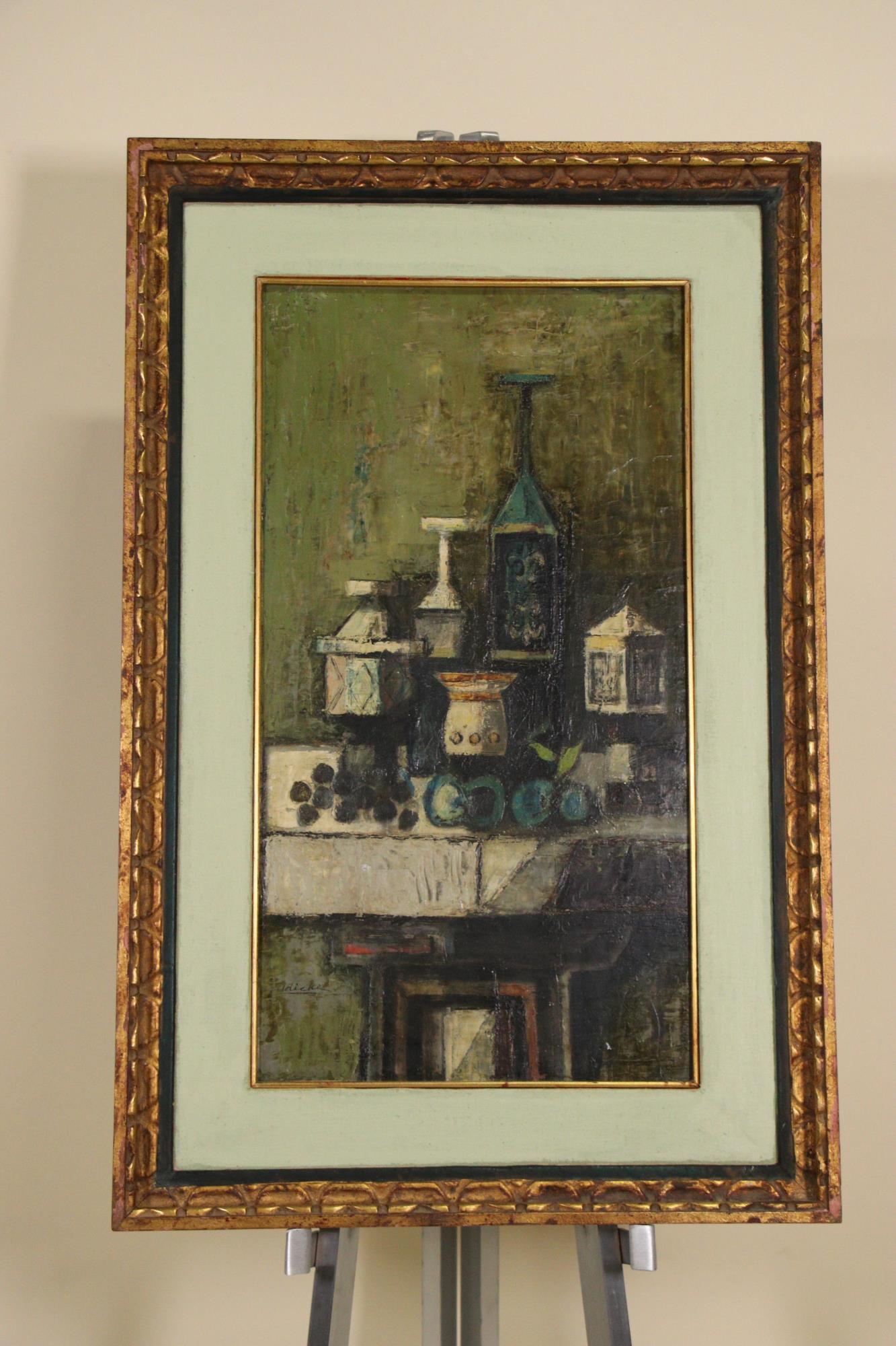 DAVID ADICKES "BOTTLES W/FRUIT" OIL ON CANVAS, CIRCA 19: DAVID ADICKES "BOTTLES W/FRUIT" OIL ON CANVAS, CIRCA 1960's. Height: 31.5 in. by Width: 20.5