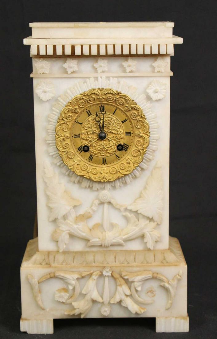 19th CENTURY CARVED ALABASTGER MANTEL CLOCK (1 of 6)