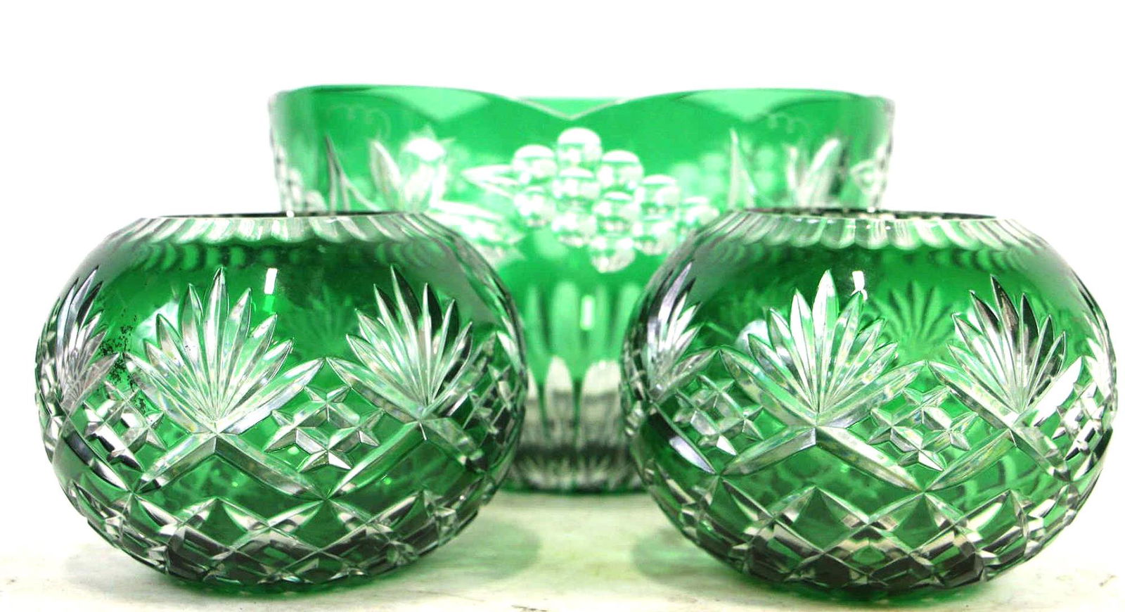 LOT THREE ANTIQUE GREEN CUT TO CLEAR GLASS BOWLS (1 of 5)