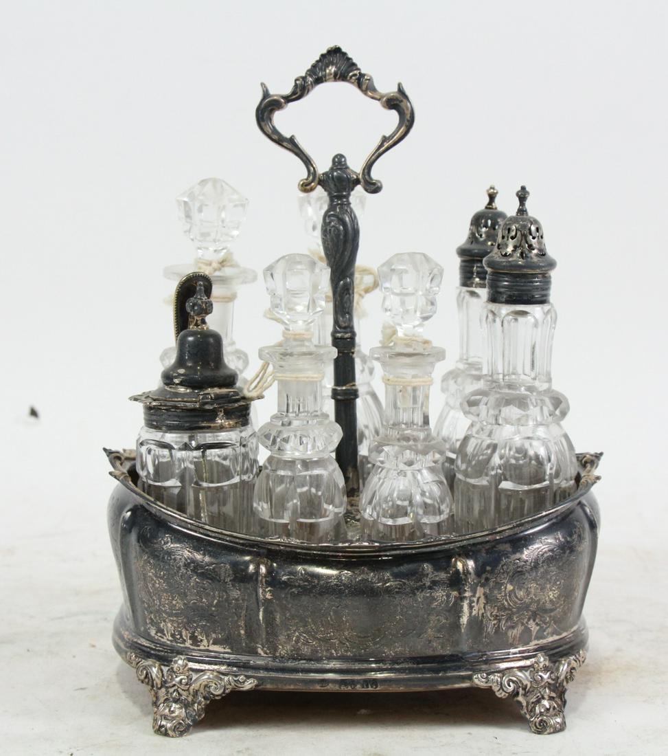 SILVER PLATE AND CUT GLASS CRUET SET (1 of 5)