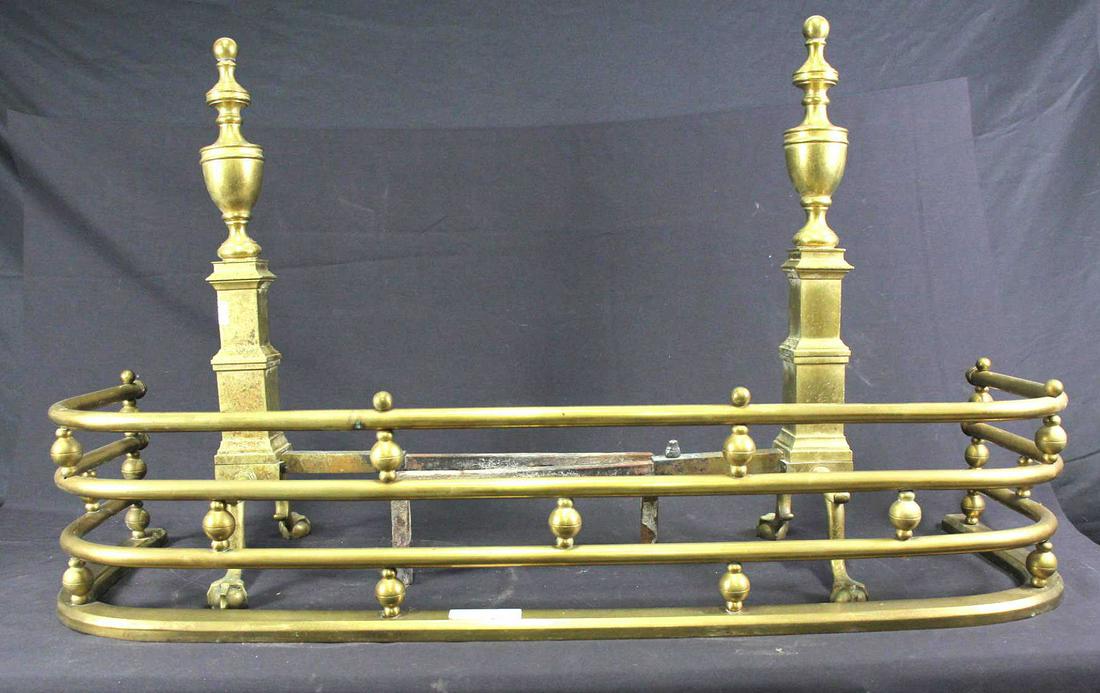 PAIR OF ANTIQUE BRASS ANDIRONS AND FENDER (1 of 5)