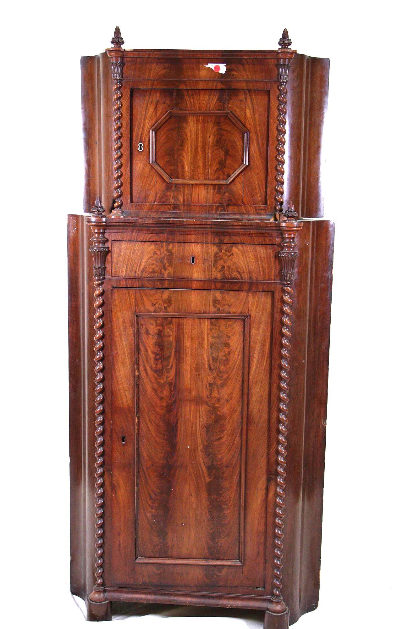 ANTIQUE TALL MAHOGANY CORNER CABINET: ANTIQUE TALL MAHOGANY CORNER CABINET Height: 75 in. by Width: 34 in. by Depth: 21 In.