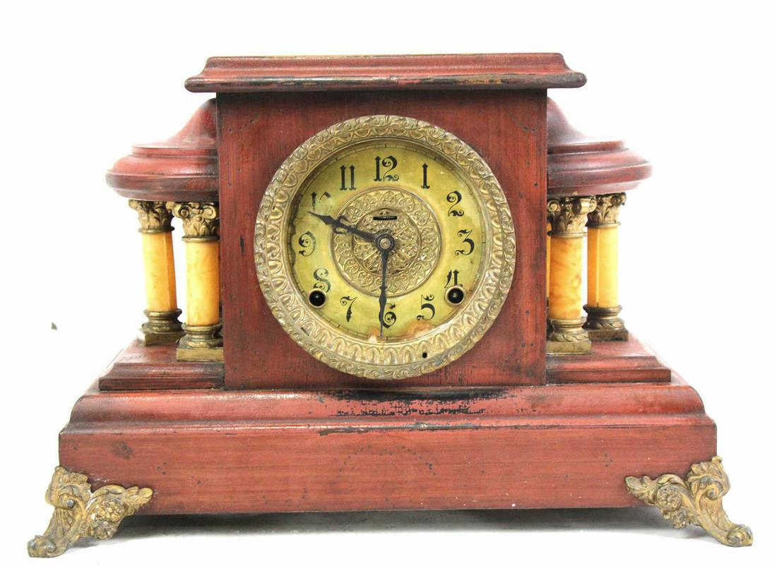 ANTIQUE MANTLE CLOCK: ANTIQUE MANTLE CLOCK. Height: 11 in. by Width: 16 in. by Depth: 6.5 in.