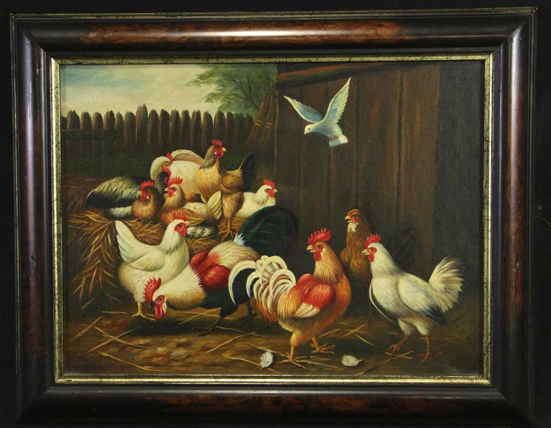 HUNT "BARNYARD SCENE" OIL ON CANVAS PAINTING (1 of 2)