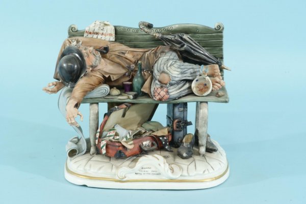 G. CAPPE, HOBO FIGURE TIZIANO GALLI, ITALY: G. CAPPE, "HOBO ON PARK BENCH" FIGURE TIZIANO GALLI, ITALY. SLIGHT DAMAGE. Height: 8 in. by Width: 10 1/2 in. by Depth: 6 in.
