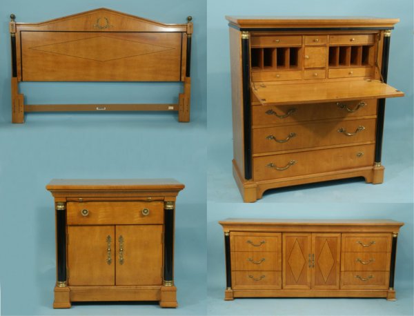 THOMASVILLLE FRENCH EMPIRE STYLE HEADBOARD: THOMASVILLLE BEDROOM SUITE FRENCH EMPIRE STYLE KINGSIZE HEADBOARD, CHEST OF DRAWERS, NIGHTSTAND AND A FALL FRONT SECRETARY. Headboard size- Height: 52 in. by Width: 80 in. by Depth: 3 IN.