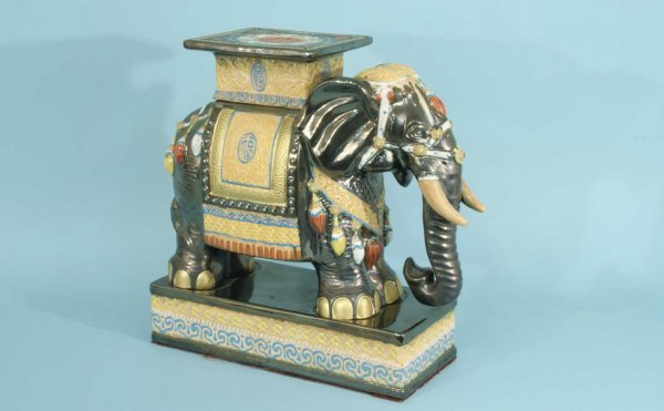 PORCELAIN ELEPHANT GARDEN STOOL: PORCELAIN ELEPHANT GARDEN STOOL. Height: 19 in. by Width: 17 1/2 in. by Depth: 8 in.