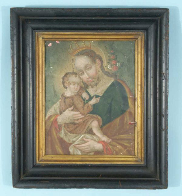 19th CENTURY MEXICAN FOLK ART RETABLO: FRAMED 19th CENTURY MEXICAN FOLK ART RETABLO. OIL ON TIN. Height: 12 in. by Width: 9 in.