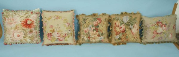 SIX AUBUSSON STYLE NEEDLEPOINT PILLOWS: SIX AUBUSSON STYLE NEEDLEPOINT PILLOWS Height: 20 in. by Width: 20 in. by Depth: 7 IN.