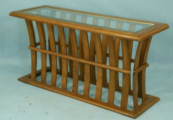 OAK BASE SOFA TABLE WITH GLASS TOP: OAK BASE SOFA TABLE WITH GLASS TOP. Height: 27 in. by Width: 53 in. by Depth: 19 in.