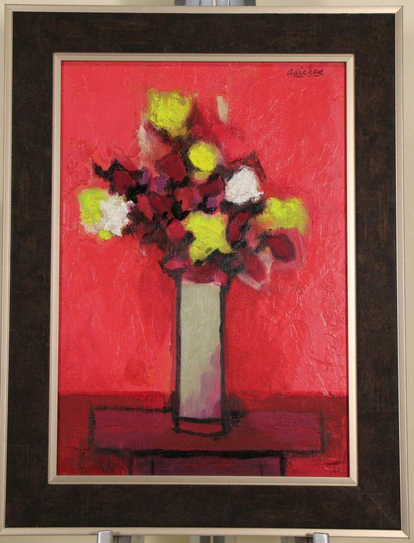DAVID ADICKES "BOUQUET ON PURPLE TABLE" PAINTING: DAVID ADICKES "BOUQUET ON PURPLE TABLE" ACRYLIC ON PANEL PAINTING, 2016. Height: 25 & 20 in. by Width: 19 & 14 in.