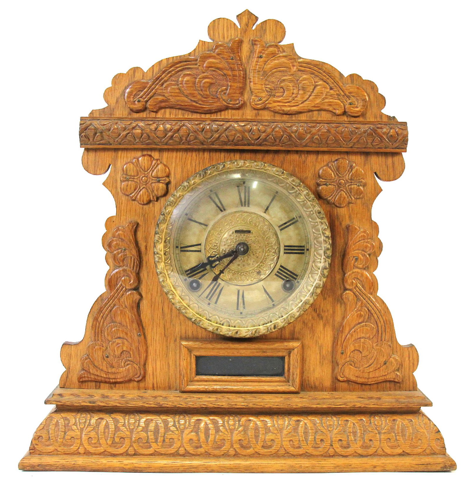 ANTIQUE PRESSED OAK MANTEL CLOCK (1 of 3)