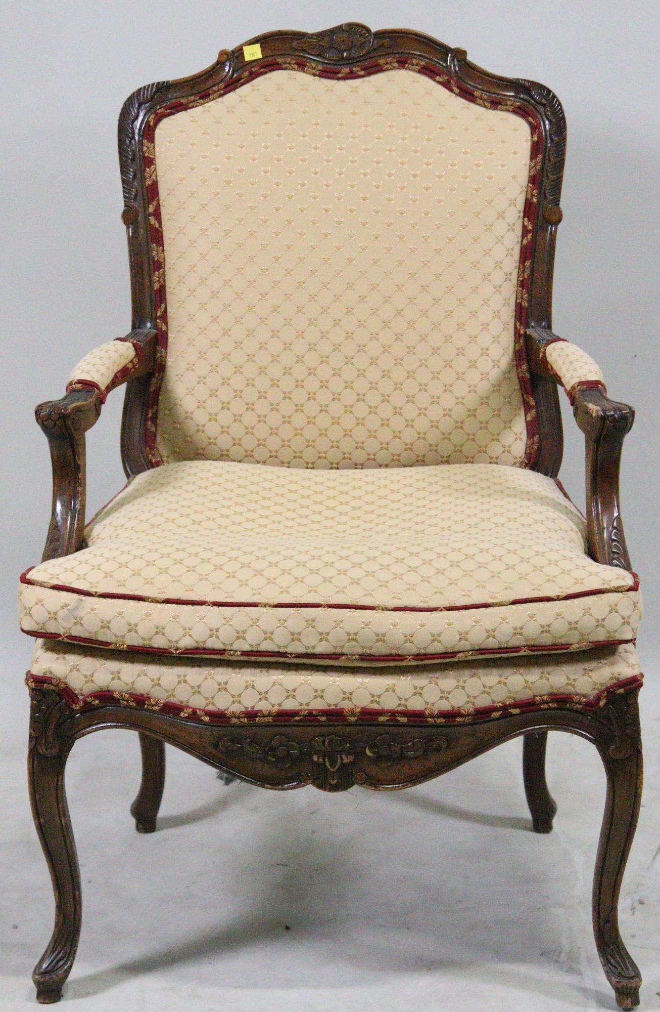 FRENCH STYLE ARMCHAIR: FRENCH STYLE ARMCHAIR. Arms have slight dings, sold as is. Height: 38 in. by Width: 26 in. by Depth: 19
