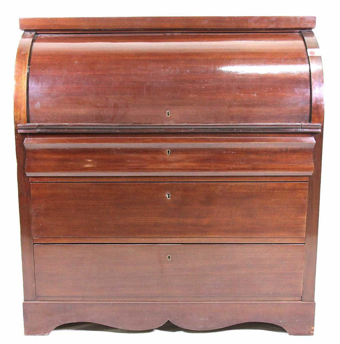 CIRCA 1840's BIEDERMEIER MAHOGANY CYLINDER DESK: CIRCA 1840's BIEDERMEIER MAHOGANY CYLINDER ROLL DESK. Height: 42.5 in. by Width: 40 in. by Depth: 21 in.